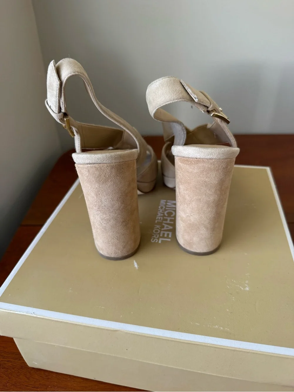 Michael Kors Beige Suede Platform Block Heel Sandals